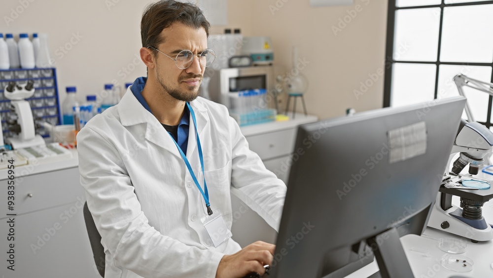 Hispanic man in lab analyzing data on computer indoors at hospital Hispanic man in lab analyzing data on computer indoors at hospital