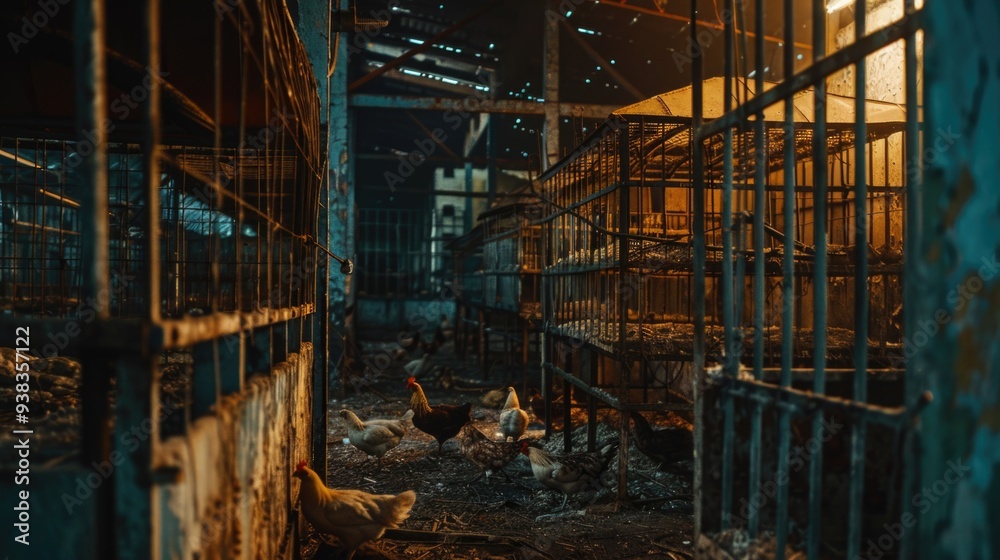 A group of chickens confined to a small cage, suitable for farm or agricultural settings A group of chickens confined to a small cage, suitable for farm or agricultural settings