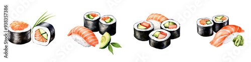 Delicious assortment of sushi rolls, including salmon and avocado, perfect for food lovers and culinary enthusiasts. photo