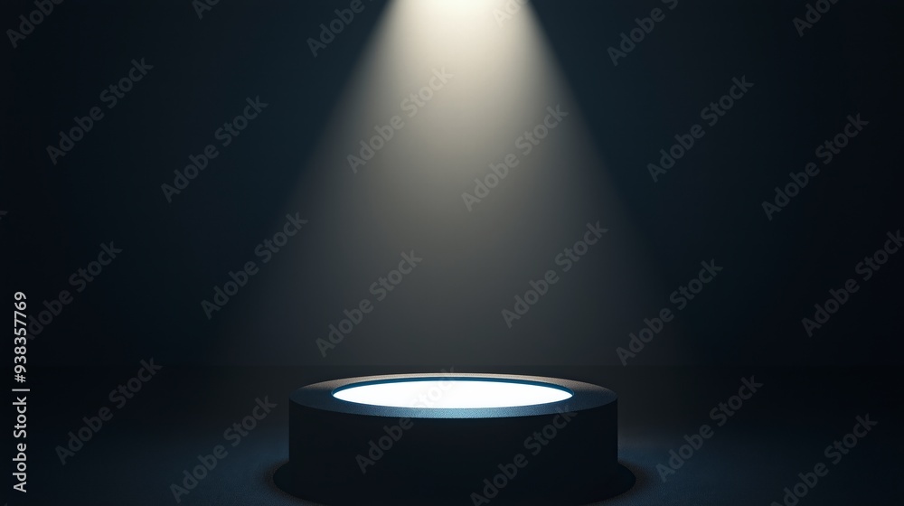 A spotlight shines on a black circular platform in a dark room. A spotlight shines on a black circular platform in a dark room.