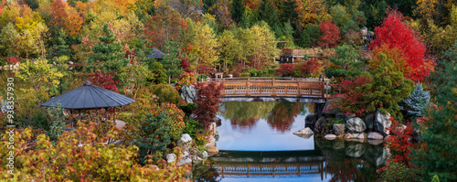 Slika na platnu Panoramic view of Walking bridge in scenic Frederik Meijer gardens in autumn time in Grand Rapids, Michigan