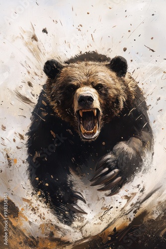 Unstoppable Force: Charging Bear in Action - A powerful artwork depicting a bear in full charge, its roar and dynamic motion capturing the raw, unstoppable energy of nature's fury. photo