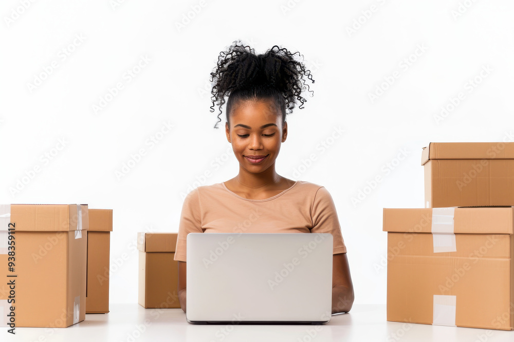 A woman works on her laptop surrounded by cardboard boxes, representing online shopping and modern logistics. A woman works on her laptop surrounded by cardboard boxes, representing online shopping and modern logistics.