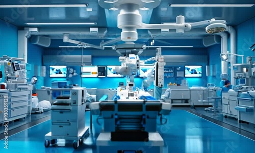 Modern operating room with medical equipment and a robotic arm.