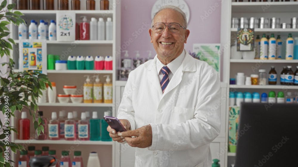 Senior grey-haired man using a mobile phone in a pharmacy, smiling warmly while wearing a white coat and standing indoors in a well-stocked drugstore. Senior grey-haired man using a mobile phone in a pharmacy, smiling warmly while wearing a white coat and standing indoors in a well-stocked drugstore.