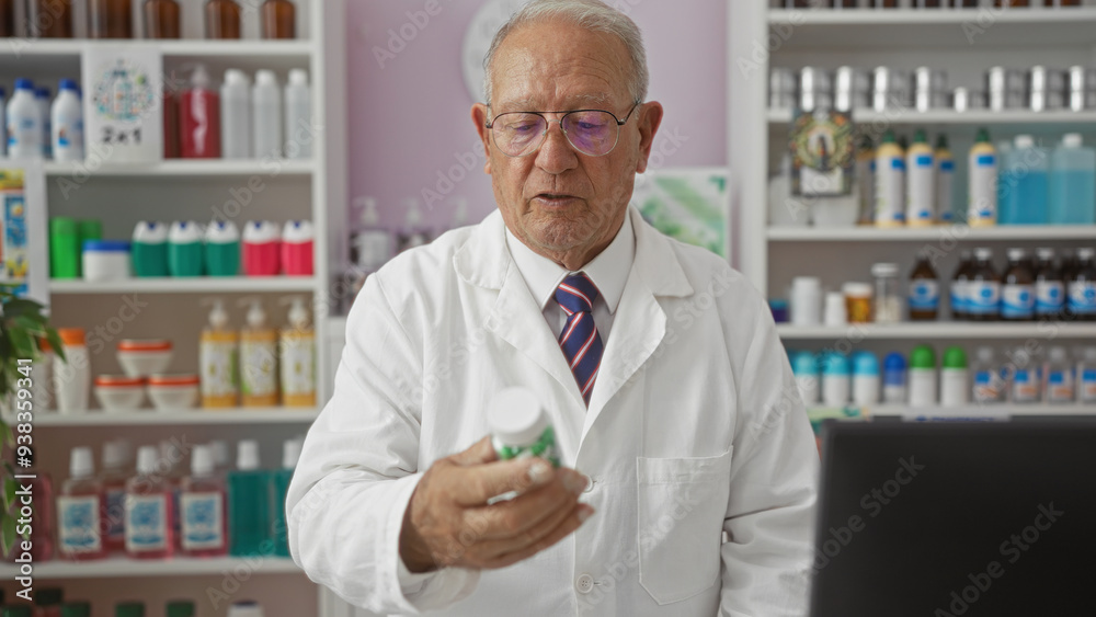 An elderly, grey-haired man in a white coat, inside a pharmacy, examines a medication bottle with various pharmaceutical products in the background. An elderly, grey-haired man in a white coat, inside a pharmacy, examines a medication bottle with various pharmaceutical products in the background.