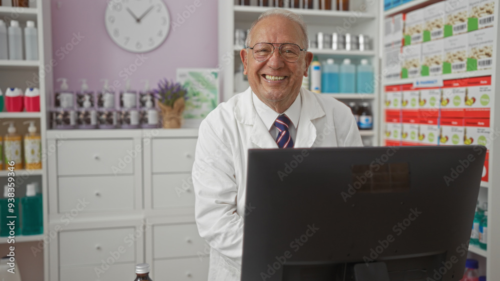 Cheerful man working in a pharmacy, standing behind the counter with shelves of medications and products in the background. Cheerful man working in a pharmacy, standing behind the counter with shelves of medications and products in the background.