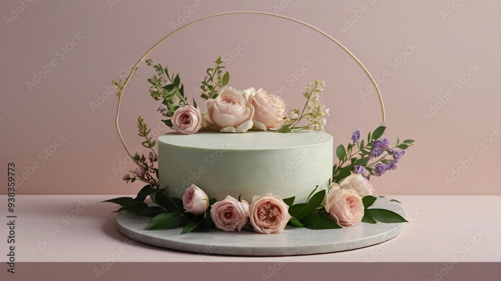 Elegant Cake on White Platform with Delicate Flowers Against a Soft Pink Background, Celebration cake with cream flower decoration Elegant Cake on White Platform with Delicate Flowers Against a Soft Pink Background, Celebration cake with cream flower decoration