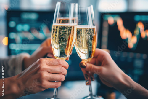 Wallpaper Mural Cheers to success! Two glasses of champagne clink together in celebration, set against a background of financial graphs. Torontodigital.ca