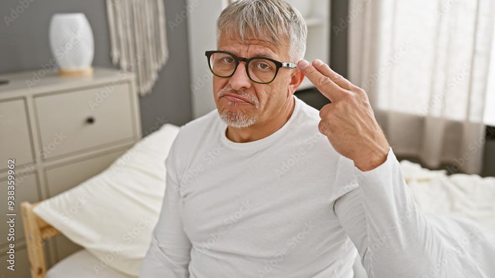 A perplexed, mature man in glasses sitting on a bed indoors, gesturing indecision with his hand. A perplexed, mature man in glasses sitting on a bed indoors, gesturing indecision with his hand.