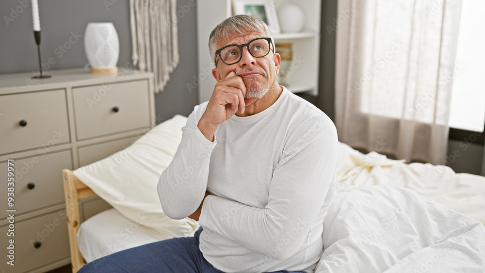 Thoughtful senior man with glasses sitting on bed in a modern bedroom, pondering Thoughtful senior man with glasses sitting on bed in a modern bedroom, pondering