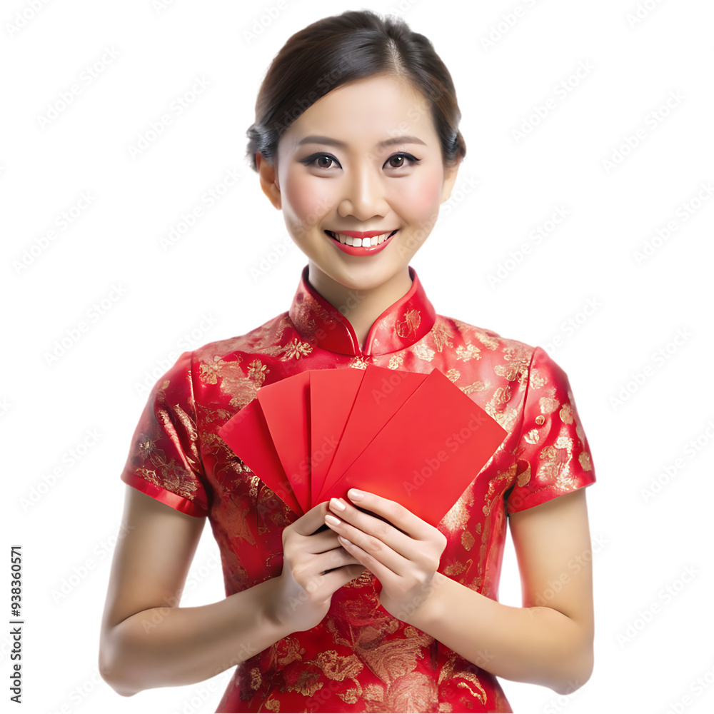 Model in red dress showing chinese new year cards Model in red dress showing chinese new year cards