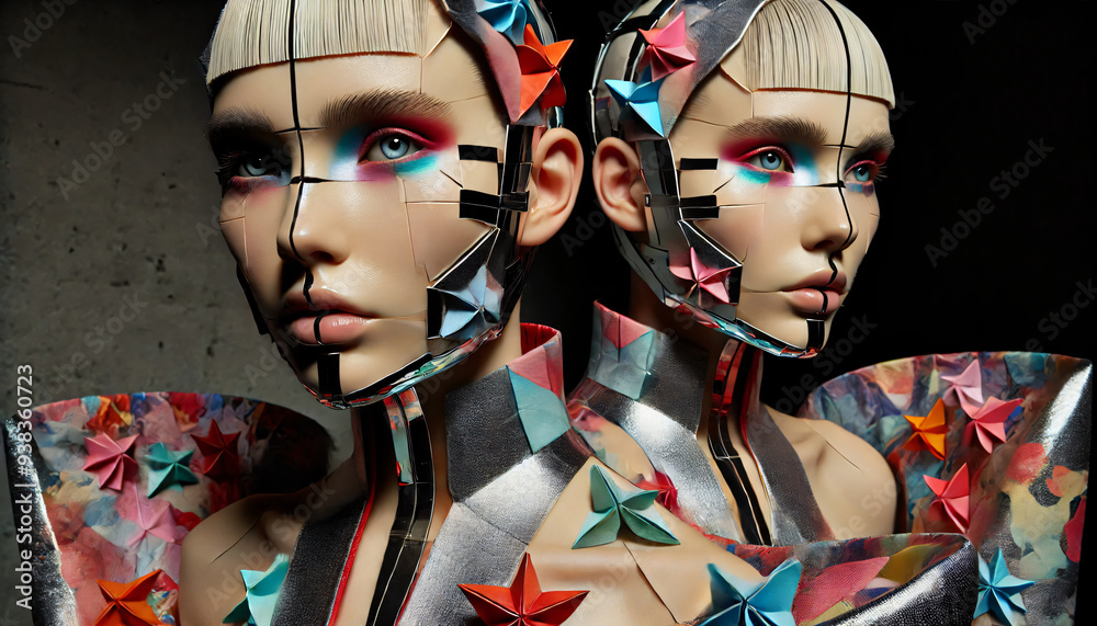 Obraz premium High fashion woman wearing a metal mask and origami kimono themed cyberpunk clothing, Futuristic world 