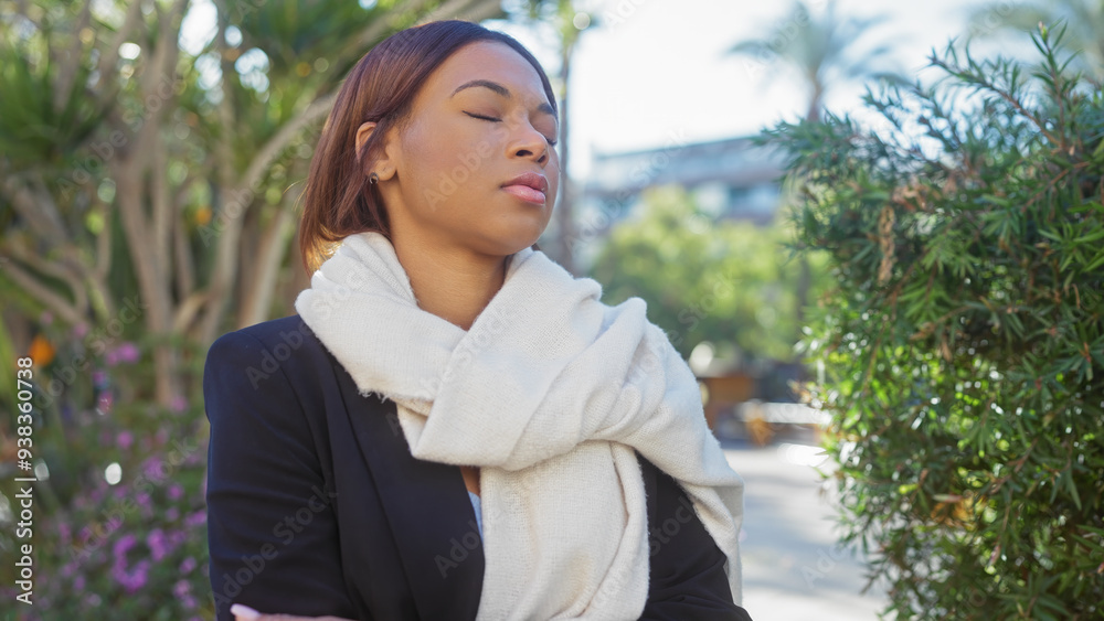 A contemplative african american woman enjoys a serene moment outdoors surrounded by green foliage A contemplative african american woman enjoys a serene moment outdoors surrounded by green foliage