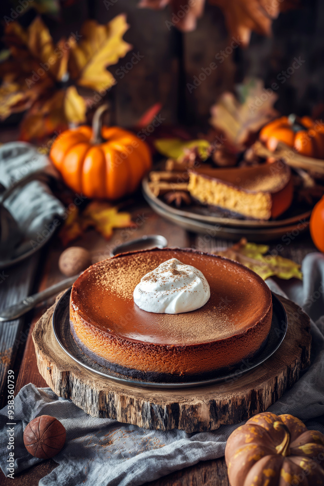 A pumpkin cheesecake with a gingerbread crust, topped with a dollop of whipped cream and a sprinkle of nutmeg, set on a rustic wooden table with autumnal decorations. A pumpkin cheesecake with a gingerbread crust, topped with a dollop of whipped cream and a sprinkle of nutmeg, set on a rustic wooden table with autumnal decorations.