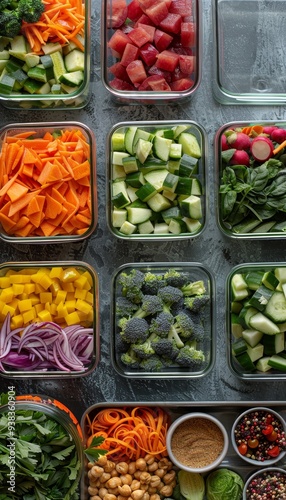 Vibrant healthy meal prep setup showcasing fresh vegetables and lean proteins for organized dining