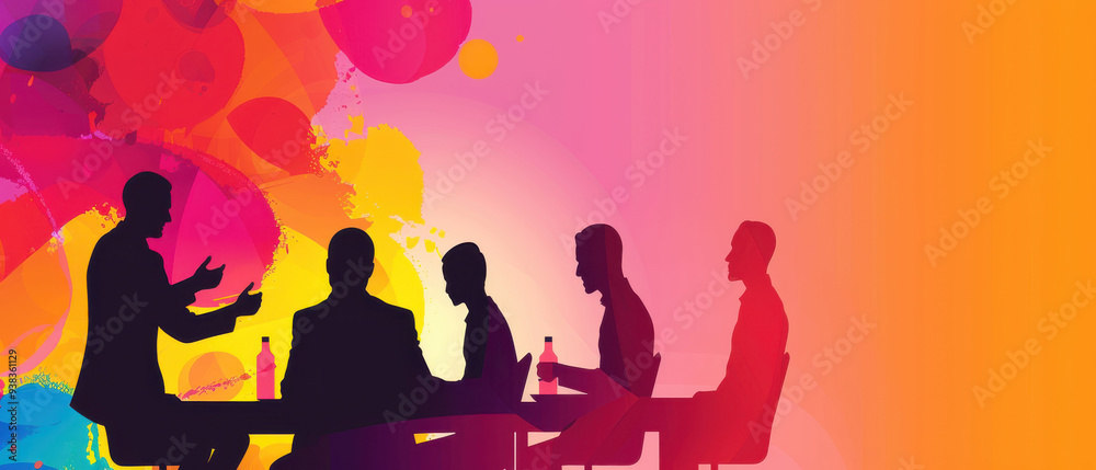 Silhouettes of business professionals engaged in discussion against a colorful background, symbolizing teamwork and collaboration. Silhouettes of business professionals engaged in discussion against a colorful background, symbolizing teamwork and collaboration.