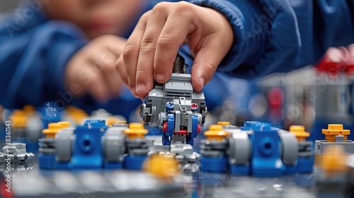 A young student's hands focused on building a robot with scattered plastic blocks and cubes, showcasing the complexity of the constructor set during an educational activity.