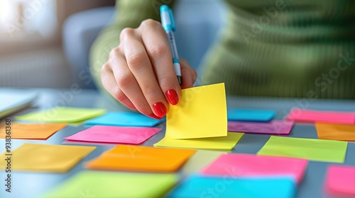 A close-up of a teacher's hand placing vibrant stickers on graded assignments, surrounded by papers and notes, emphasizing the educational and organizational aspects of the classroom.