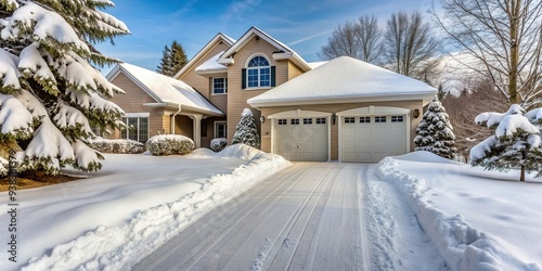 Freshly fallen snow cleared from the front of the house at a tilted angle, clear, morning, curb appeal, residential, weather,winter, outdoors, icy, residential area, removal, chilly