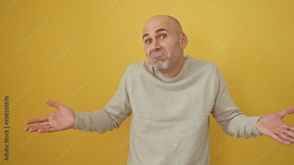 Handsome bald man with beard in sweater gestures on yellow background Handsome bald man with beard in sweater gestures on yellow background