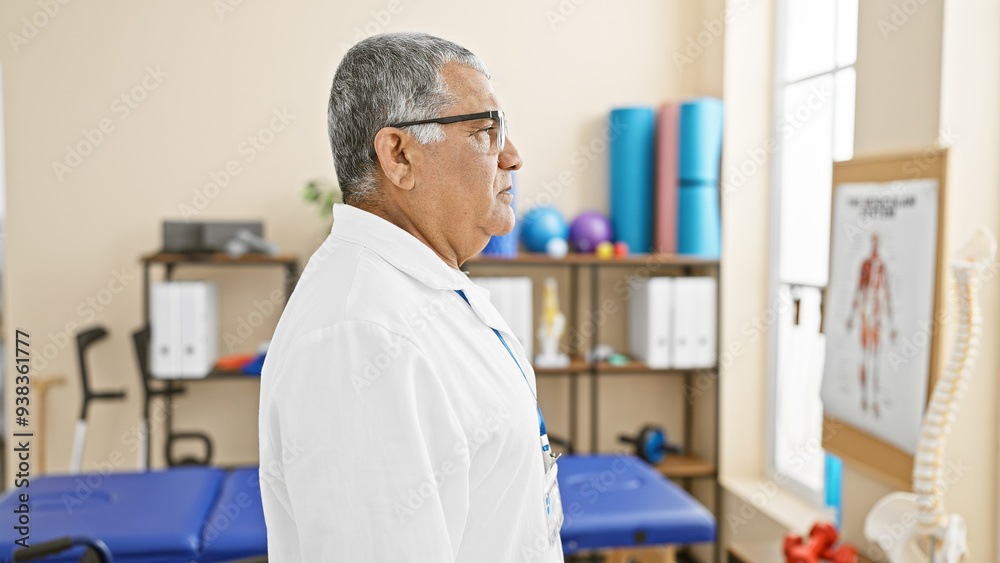 Mature man in lab coat standing contemplatively in a bright physiotherapy clinic room, suggesting a professional healthcare environment. Mature man in lab coat standing contemplatively in a bright physiotherapy clinic room, suggesting a professional healthcare environment.