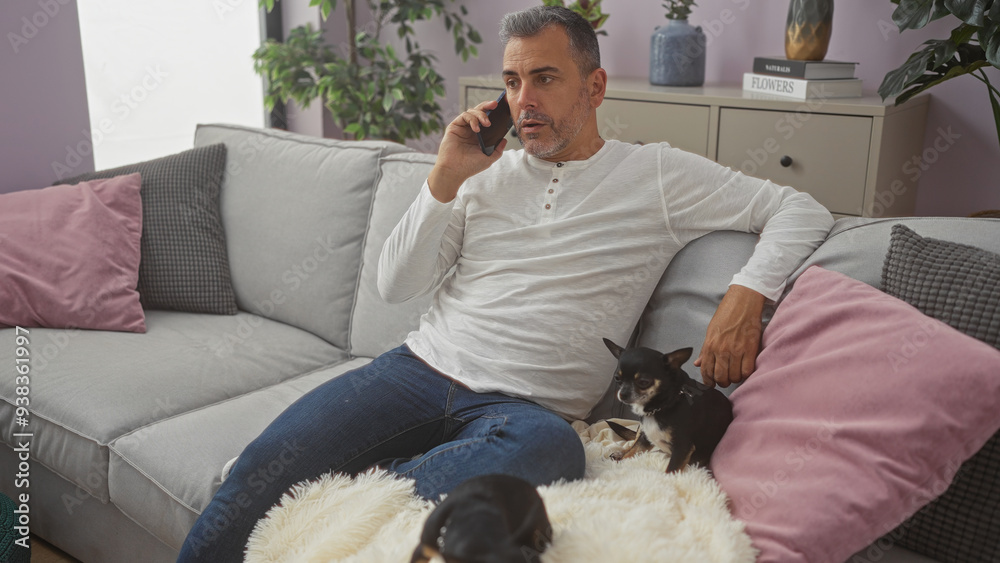 Middle aged hispanic man with two chihuahuas in a cozy living room talking on the phone while sitting on a grey couch with pink and grey pillows. Middle aged hispanic man with two chihuahuas in a cozy living room talking on the phone while sitting on a grey couch with pink and grey pillows.