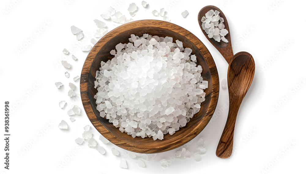 Sea salt in wooden bowl isolated on white background closeup top view Sea salt in wooden bowl isolated on white background closeup top view