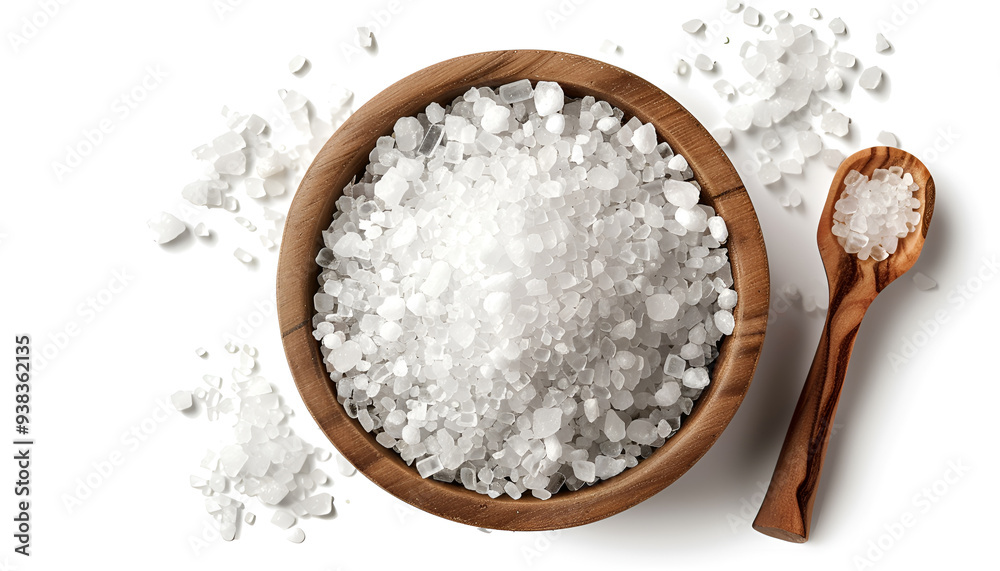 Sea salt in wooden bowl isolated on white background closeup top view Sea salt in wooden bowl isolated on white background closeup top view