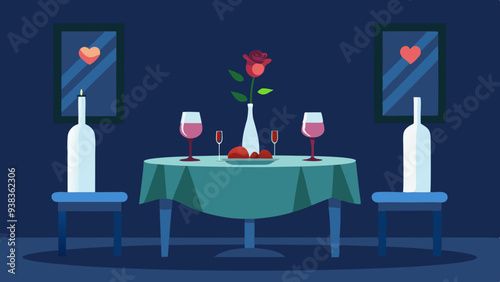 Minimalist Romantic Table Setting with Rose and Wine Glasses on Dark Background