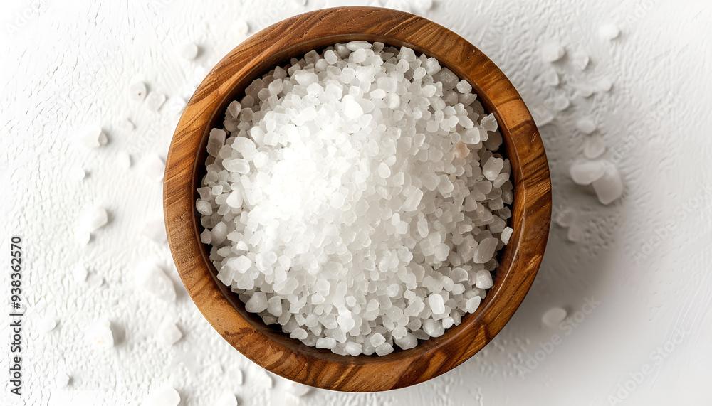 Sea salt in wooden bowl isolated on white background closeup top view Sea salt in wooden bowl isolated on white background closeup top view