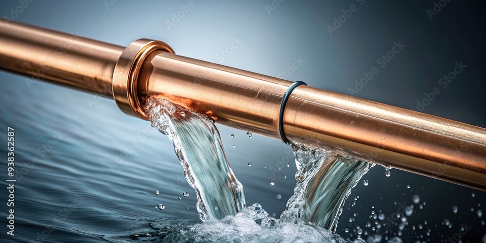burst, plumbing, broken, plumbing problem, water, leaking, disaster, flooding, damage, maintenance, high angle, Burst copper pipe with water leaking out from a high angle view burst, plumbing, broken, plumbing problem, water, leaking, disaster, flooding, damage, maintenance, high angle, Burst copper pipe with water leaking out from a high angle view