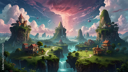 Surreal Dreamscape with Floating Islands and Ethereal Sky photo