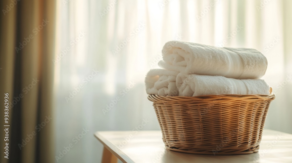 Tidy Elegance: Neatly Folded Towels in a Wicker Basket on Table, Exuding Cozy Home Charm. Tidy Elegance: Neatly Folded Towels in a Wicker Basket on Table, Exuding Cozy Home Charm.