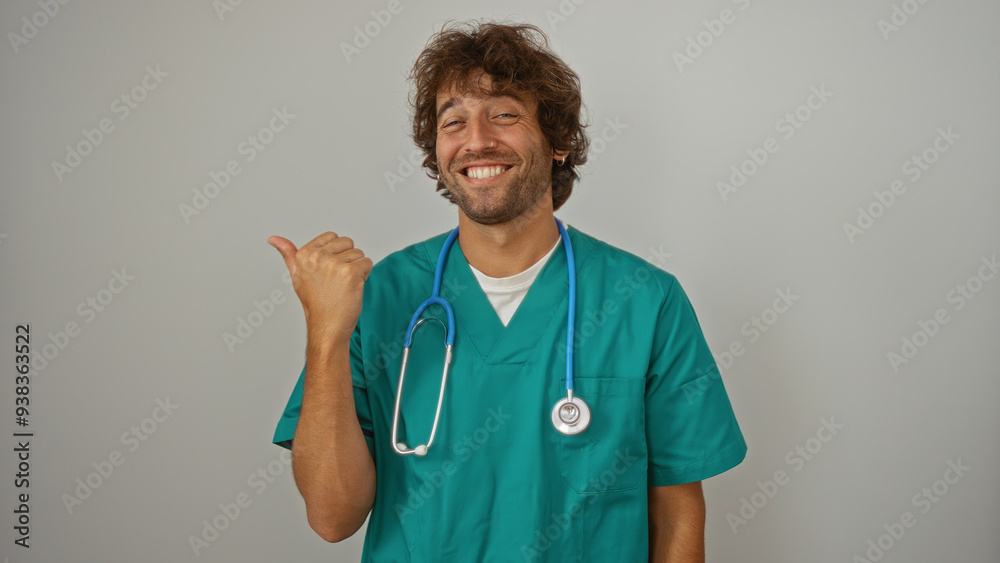 Smiling male nurse in green scrubs with stethoscope pointing to the side over an isolated white background Smiling male nurse in green scrubs with stethoscope pointing to the side over an isolated white background