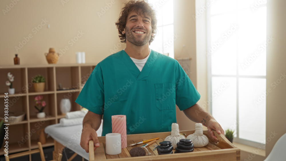 Young man smiling in a spa room holding a tray with massage tools, creating a relaxing and therapeutic atmosphere in a wellness center Young man smiling in a spa room holding a tray with massage tools, creating a relaxing and therapeutic atmosphere in a wellness center
