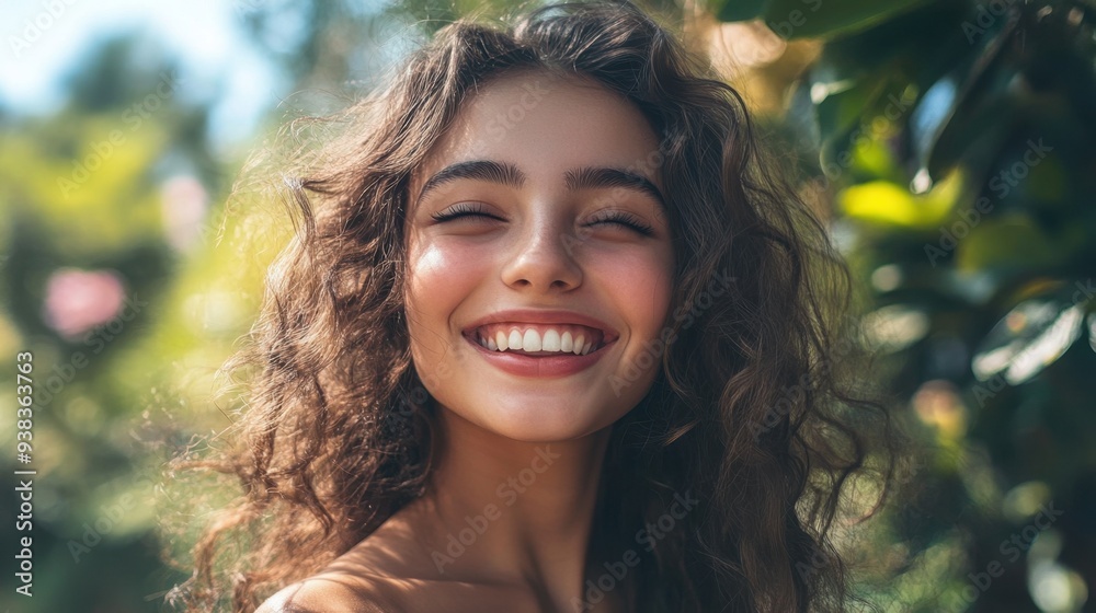 Close-up of a smiling young woman with curly hair in a sunlit outdoor environment Close-up of a smiling young woman with curly hair in a sunlit outdoor environment