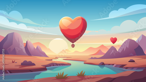 Heart Balloon Floating over Scenic Mountain Landscape at Sunrise in Cartoon Style