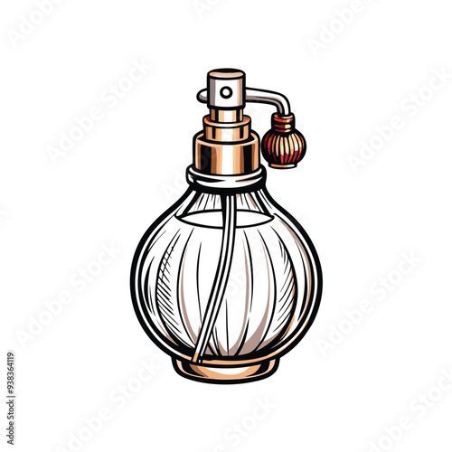 A realistic depiction of a clear glass perfume bottle with a gold lid and a red atomizer.