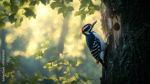 Downy Woodpecker (Picoides pubescens) pecking at the trunk of an old oak tree in a dense, leafy forest, with sunlight filtering through the branches.. A woodpecker perched on the side of a tree, pecki photo