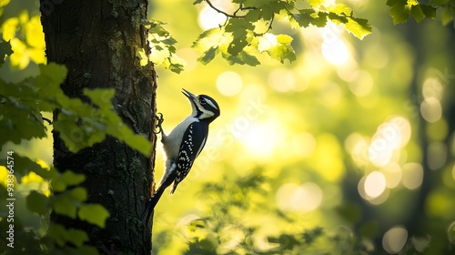 Downy Woodpecker (Picoides pubescens) pecking at the trunk of an old oak tree in a dense, leafy forest, with sunlight filtering through the branches.. A woodpecker clings to a tree trunk, surrounded b photo