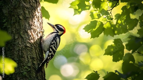 Downy Woodpecker (Picoides pubescens) pecking at the trunk of an old oak tree in a dense, leafy forest, with sunlight filtering through the branches.. A vibrant woodpecker perches on the trunk of a tr photo