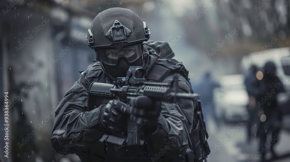 A SWAT officer in full gear with a rifle, holding a weapon, aims down the street during a rainy day. A SWAT officer in full gear with a rifle, holding a weapon, aims down the street during a rainy day.
