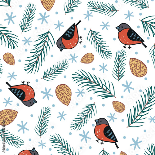 Wallpaper Mural classic non-directional winter christmas pattern of bullfinches, cone, pine and snowflakes Torontodigital.ca