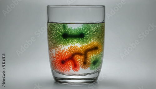 Illustrative representation of drinking water contaminated with bacteria and pathogens in a drinking glass