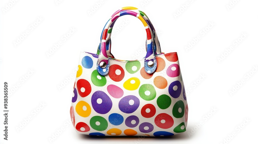 A white handbag with a colorful polka dot design and a single handle. A white handbag with a colorful polka dot design and a single handle.