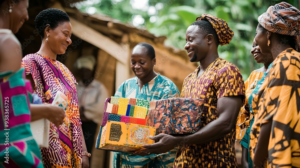 A joyful group of people in traditional African attire sharing gifts in a vibrant outdoor setting. A joyful group of people in traditional African attire sharing gifts in a vibrant outdoor setting.