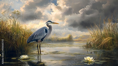 Great Blue Heron (Ardea herodias) standing still in a marshy wetland, surrounded by tall reeds and water lilies under a cloudy sky.. A serene landscape featuring a heron standing in a tranquil marsh s photo