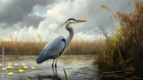 Great Blue Heron (Ardea herodias) standing still in a marshy wetland, surrounded by tall reeds and water lilies under a cloudy sky.. A majestic heron stands elegantly by a tranquil waterway, surrounde photo