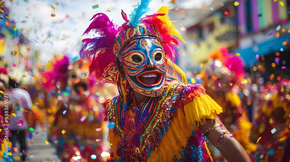 A vibrant celebration scene featuring dancers in colorful costumes and masks, surrounded by confetti in a festive atmosphere. A vibrant celebration scene featuring dancers in colorful costumes and masks, surrounded by confetti in a festive atmosphere.